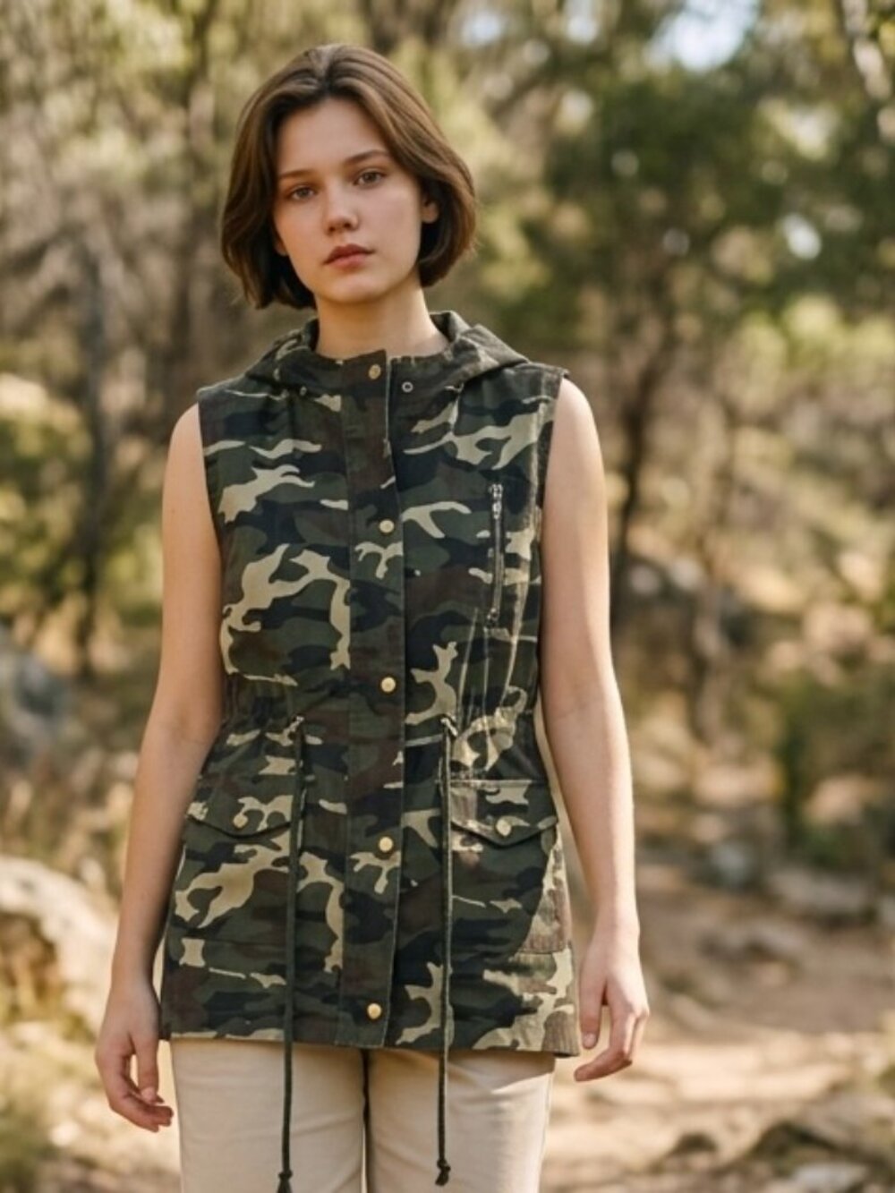 Zenana Outfitters Vest‎ Women Medium Camouflage Hooded Zip Up